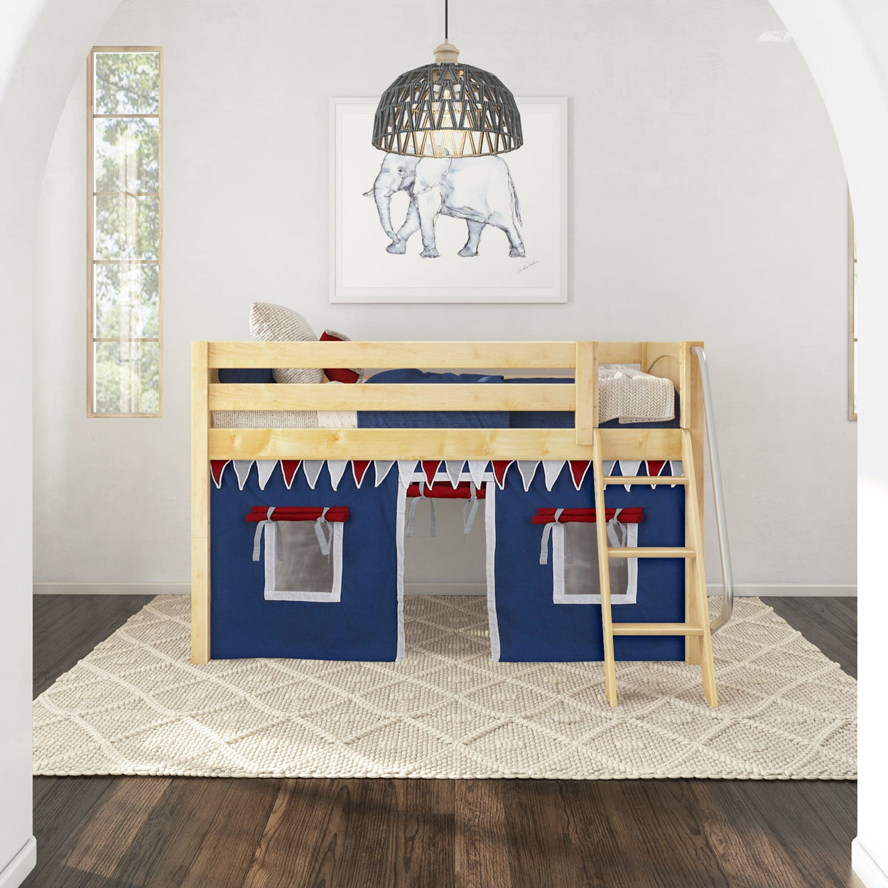 Children's wooden loft bed with blue and red play tent, ladder, and elephant artwork in modern bedroom.