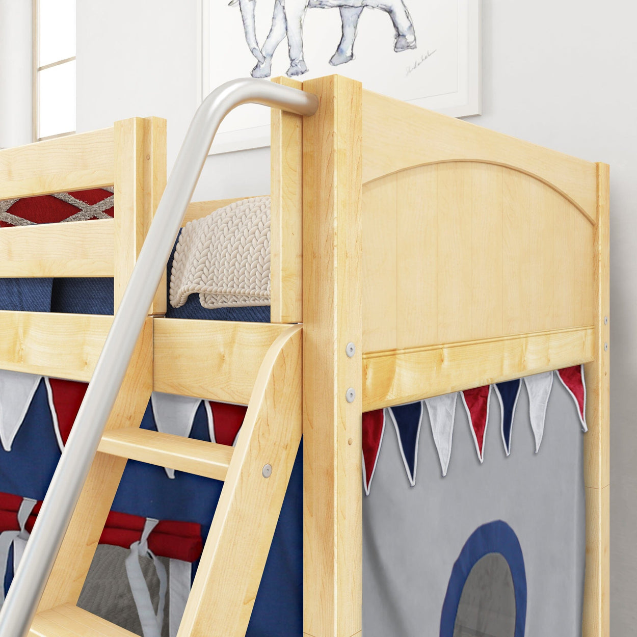 Wooden bunk bed with ladder featuring colorful tent design in children's room.