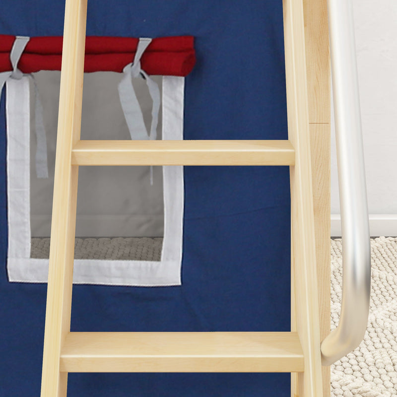 Natural wood bunk bed ladder and silver safety rail next to navy blue children's loft bed tent with white tie straps and red trim