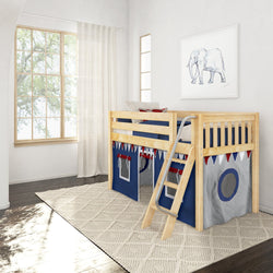 Children's wooden loft bed with ladder and blue-gray play curtains in a bright bedroom.