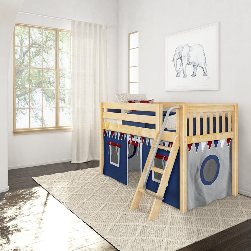 Modern kids' room with natural light, wooden loft bunk bed with navy play-tent panels and ladder, elephant wall art, sheer curtains and neutral rug