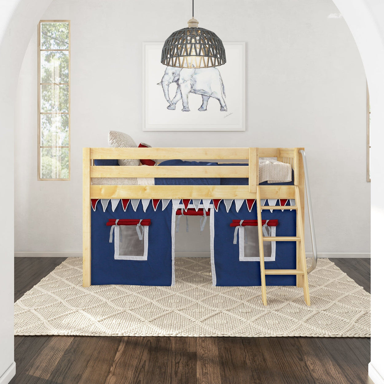 Children's loft bed with ladder, featuring blue playhouse curtains and decorative bunting, enhancing a cozy and stylish kids' bedroom space.
