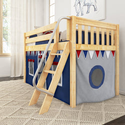 Wooden loft bed for kids with colorful tent and slide in modern bedroom.