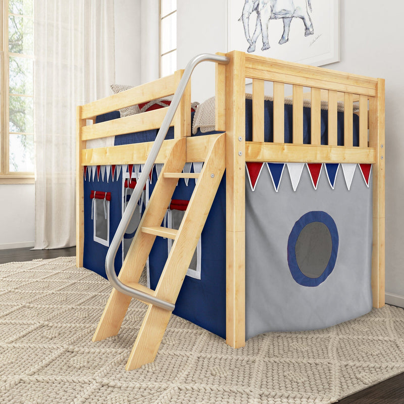 Natural wood kids loft bed with ladder and navy-gray play tent and red-blue pennant bunting in children's bedroom