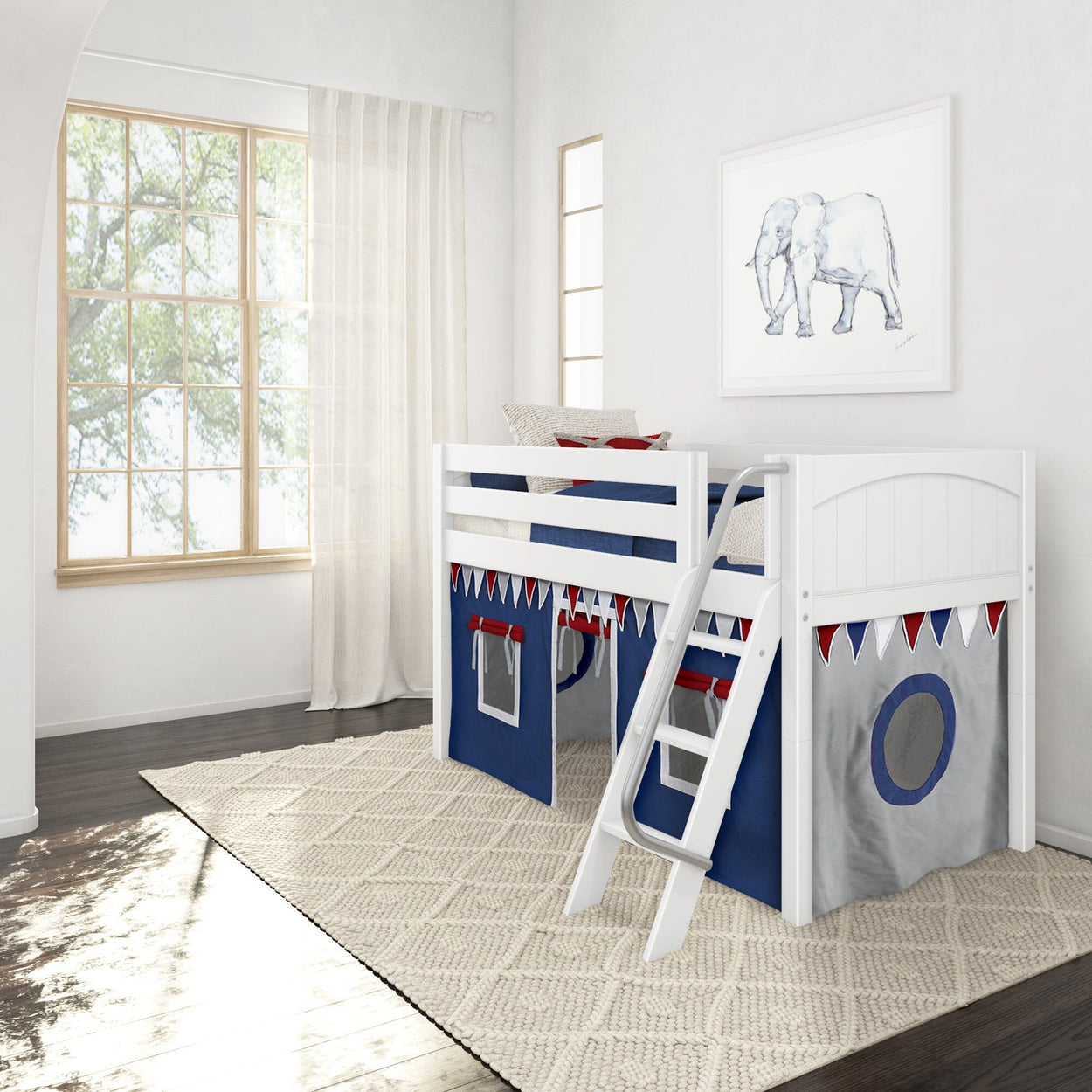Kids' white loft bed with play tent, ladder, and colorful flags in modern bedroom with elephant artwork.