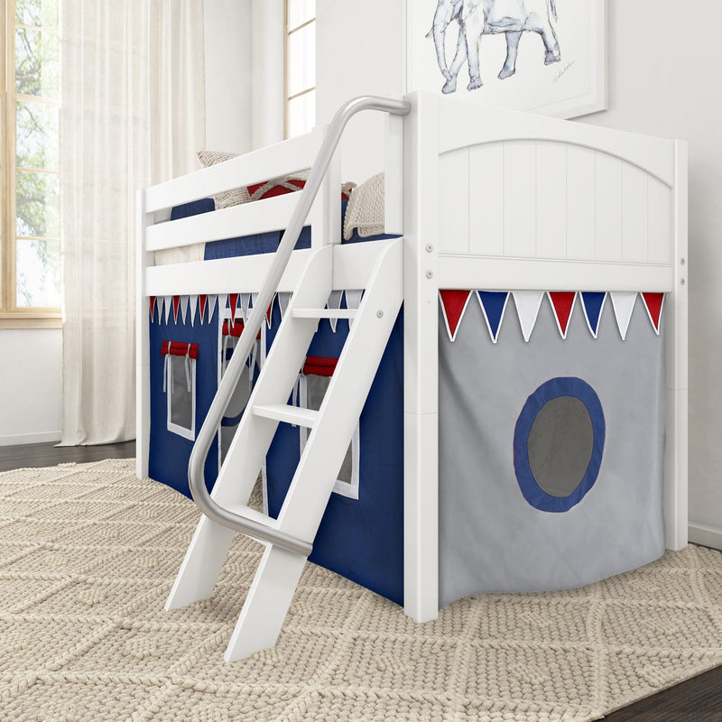 White wooden loft bunk bed with ladder and navy-red pennant play-tent panels in bright children's bedroom with elephant wall art and textured rug