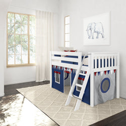White and blue children's loft bed with ladder, themed curtains, and elephant wall art in a bright room with large window.