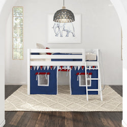 Kids' white loft bed with blue and red play curtains, featuring an elephant wall art in a bright bedroom.