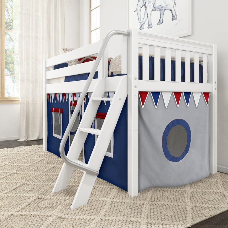 White wooden loft bed with ladder and navy blue play-tent panels, red-white-blue bunting, textured beige rug and sunlit window in a kids' bedroom