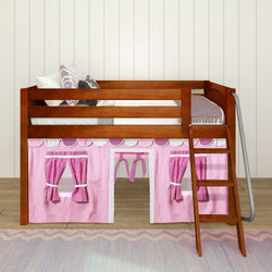 Children's wooden loft bed with pink playhouse curtain and ladder.