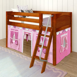 Wooden loft bed with pink play tent curtains and built-in ladder for kids' bedroom.