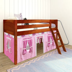 Wooden loft bed with pink playhouse tent and ladder, perfect for a child's bedroom.