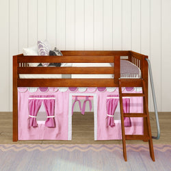 Wooden loft bed with pink play tent, ladder, and decorative cushions for children.