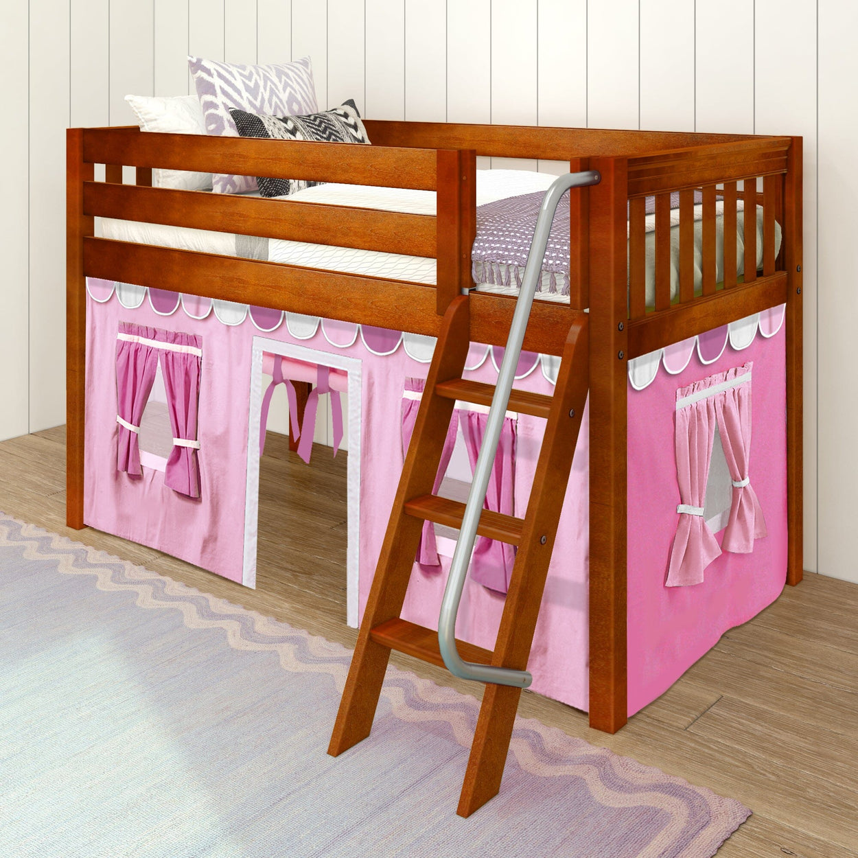Wooden loft bed with pink playhouse curtain, ladder, and cozy bedding in a kids' room.