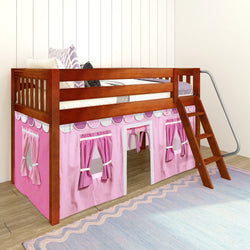 Children's loft bed with pink playhouse curtain and ladder on wooden floor.