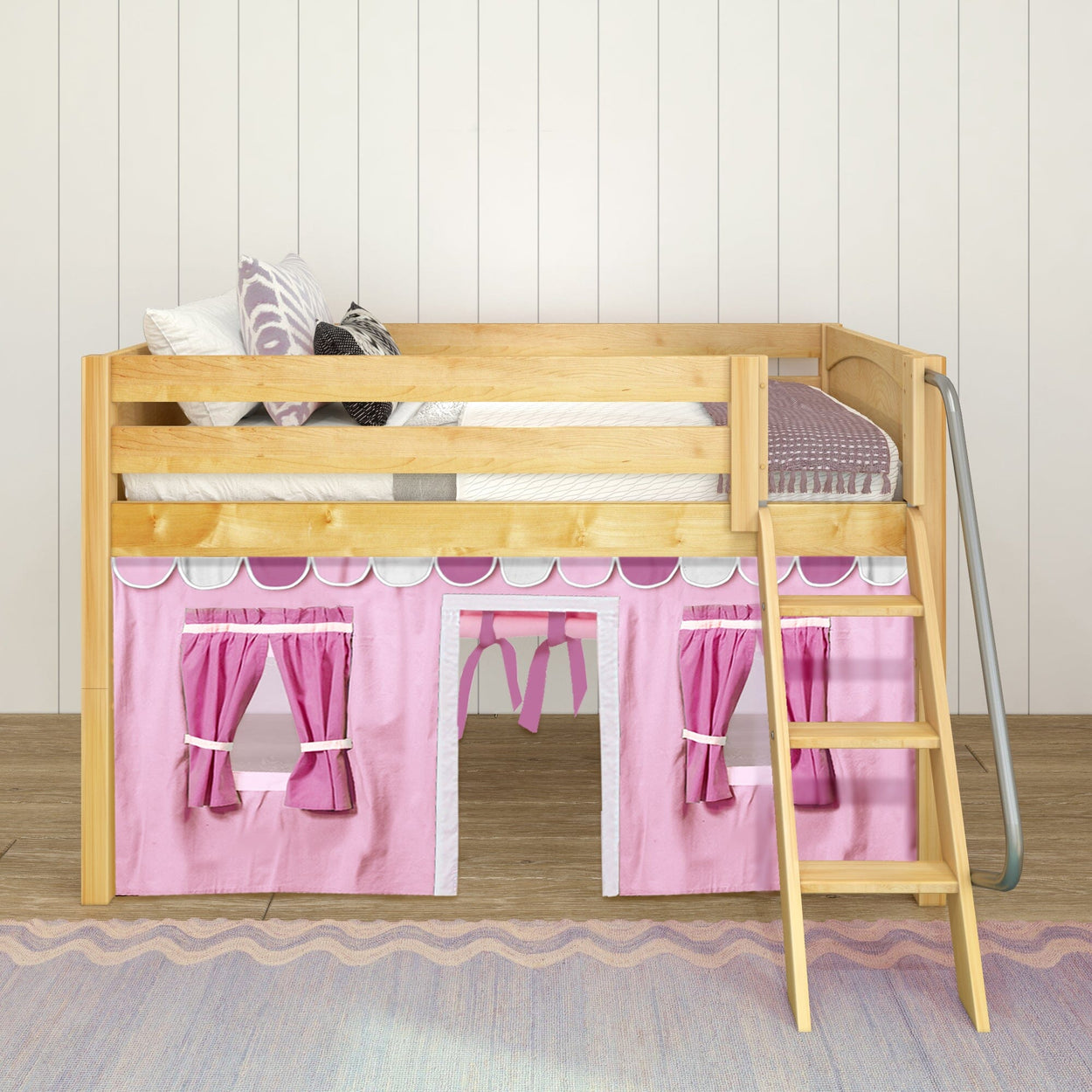 Wooden loft bed with pink playhouse curtain and ladder for kids' bedroom decor.