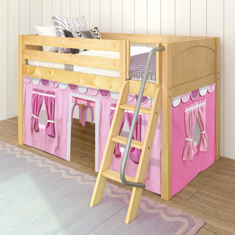 Kids light wood loft bed with ladder, twin mattress, patterned pillows and pink playhouse curtain creating an under-bed play area