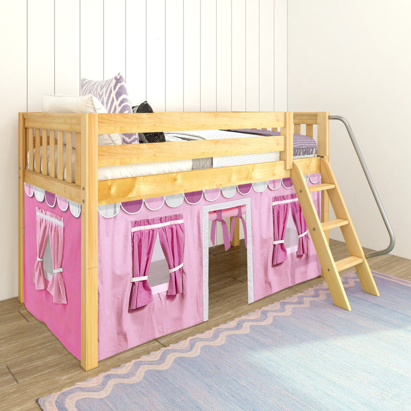 Wooden loft bed with ladder and pink playhouse curtains, purple patterned pillows and mattress in a child's bedroom with white paneled wall and pastel rug