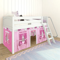 White loft bed for kids with a pink playhouse curtain, ladder, and wooden floor in a cozy bedroom setting.