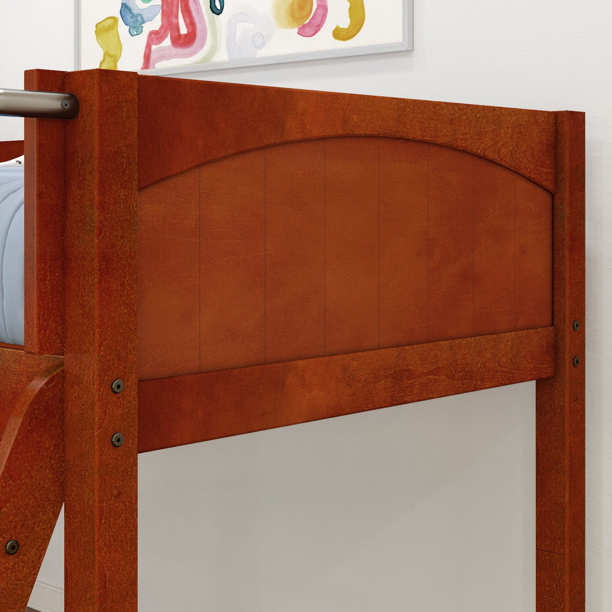 Red wooden bunk bed headboard with modern design and artistic wall decor.