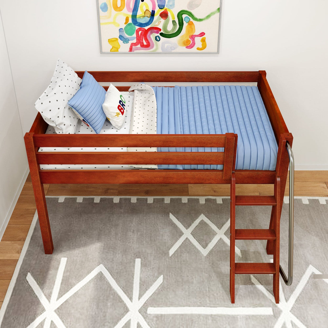 Mid-century wooden loft bed with blue bedding and ladder in a modern kids' room with abstract wall art.