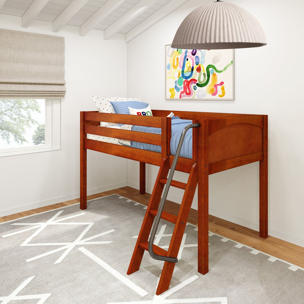 Loft bed with wooden ladder in a modern children's bedroom, decorated with abstract wall art and gray rug.