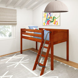 Loft bed with wooden ladder in a modern children's bedroom, decorated with abstract wall art and gray rug.