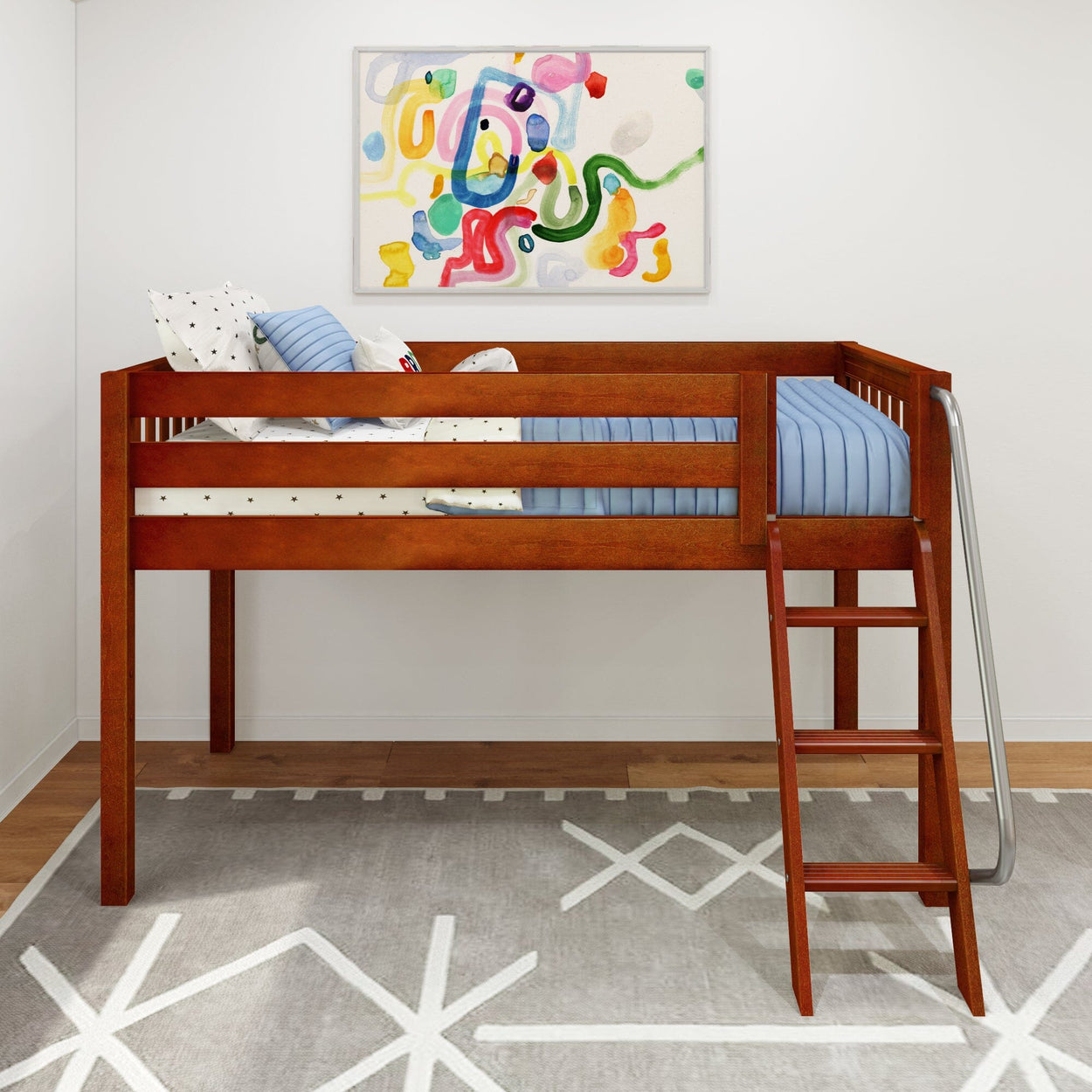 Wooden loft bed with ladder, featuring blue bedding and decorative pillows, in a modern kids' room with vibrant abstract wall art.