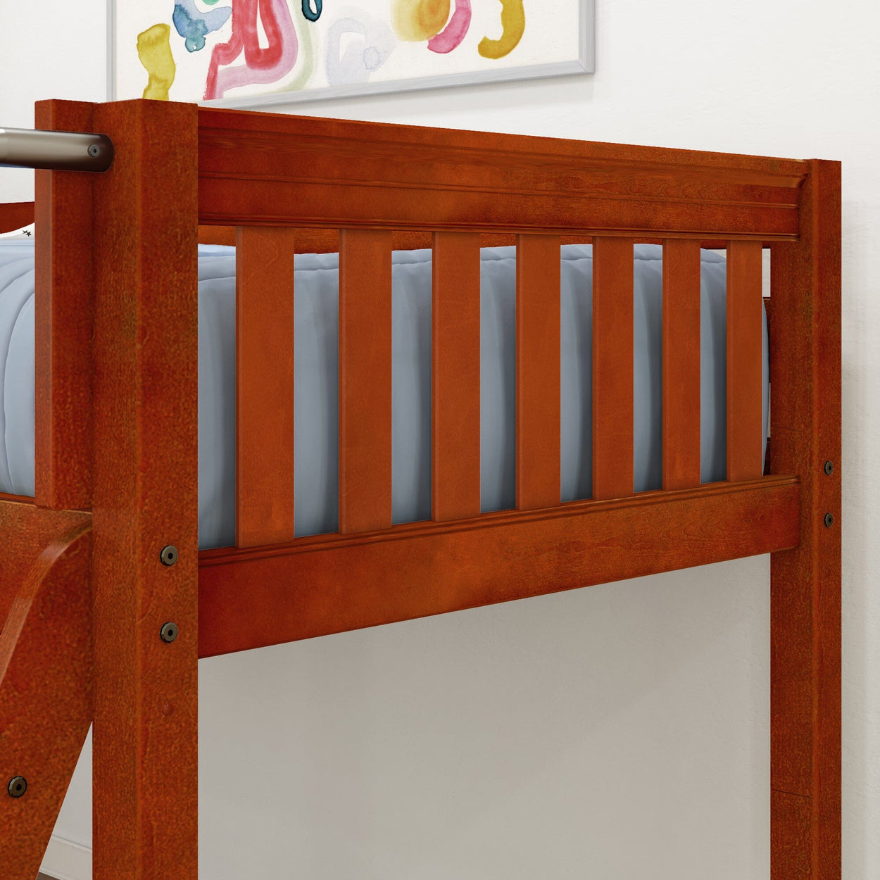 Red wooden bunk bed frame with a blue mattress in a modern bedroom setting.