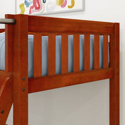 Red wooden bunk bed frame with a blue mattress in a modern bedroom setting.