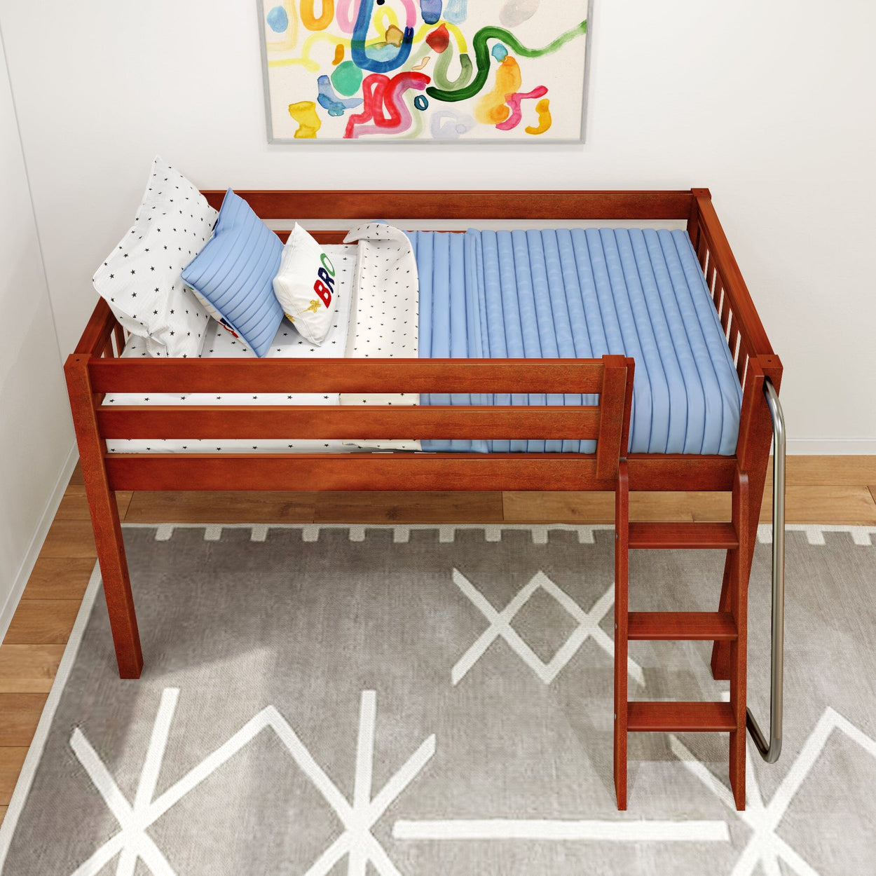 Loft bed with wooden frame and blue mattress in modern children's bedroom.