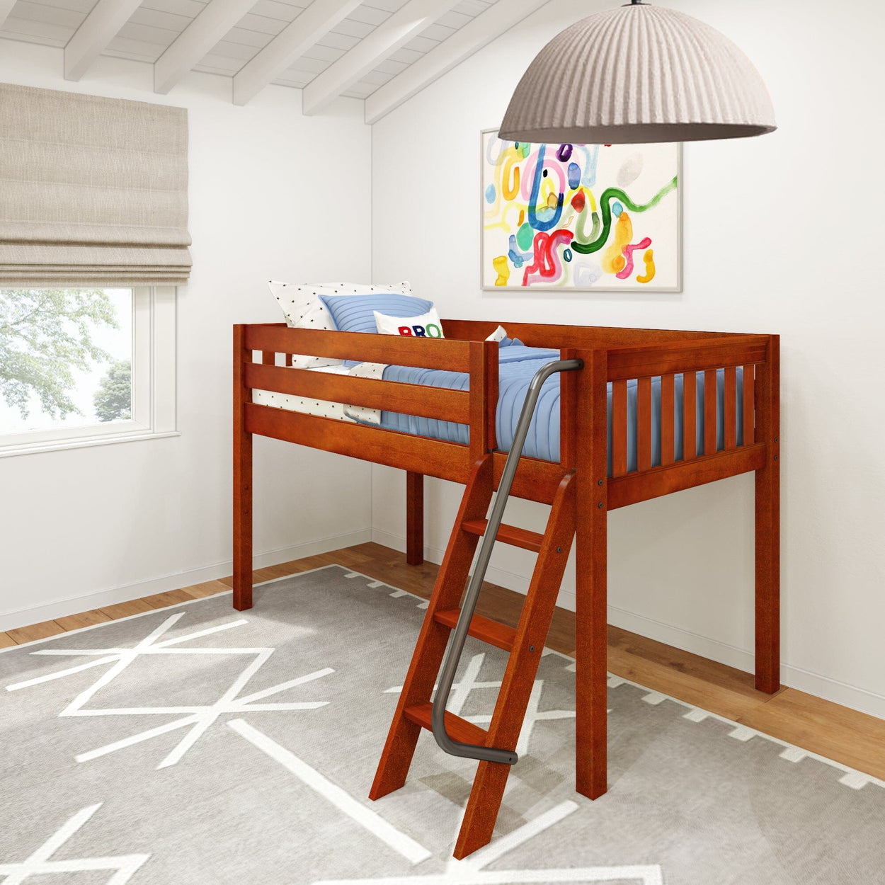 Wooden loft bed with ladder in a modern kids' bedroom featuring a colorful abstract painting and cozy decor.