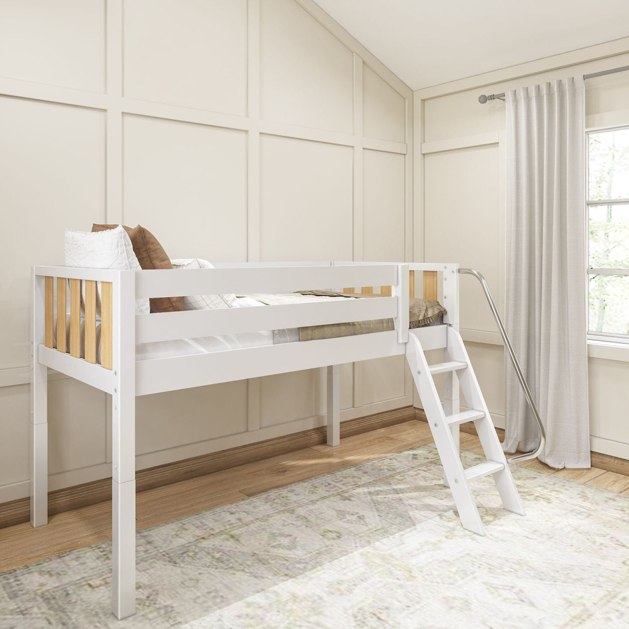 White wooden loft bed with ladder in a bright, modern bedroom.