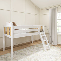 White wooden loft bed with ladder in a bright, modern bedroom.