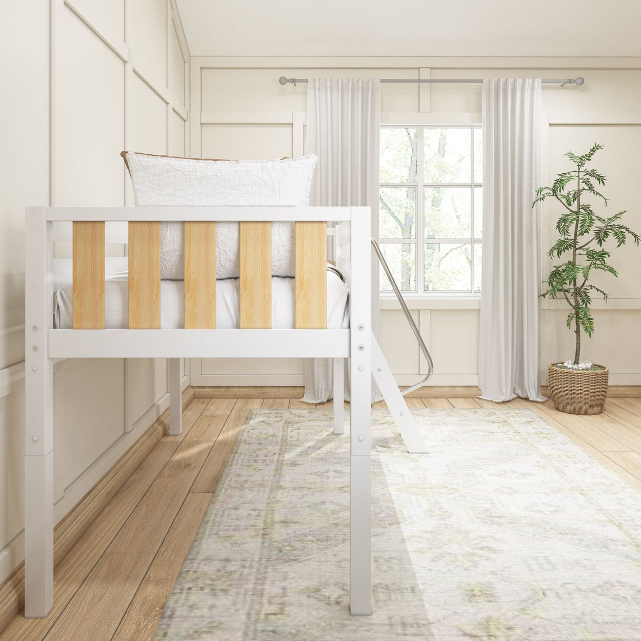 Loft bed in a modern, minimalist bedroom with large windows and indoor plant.