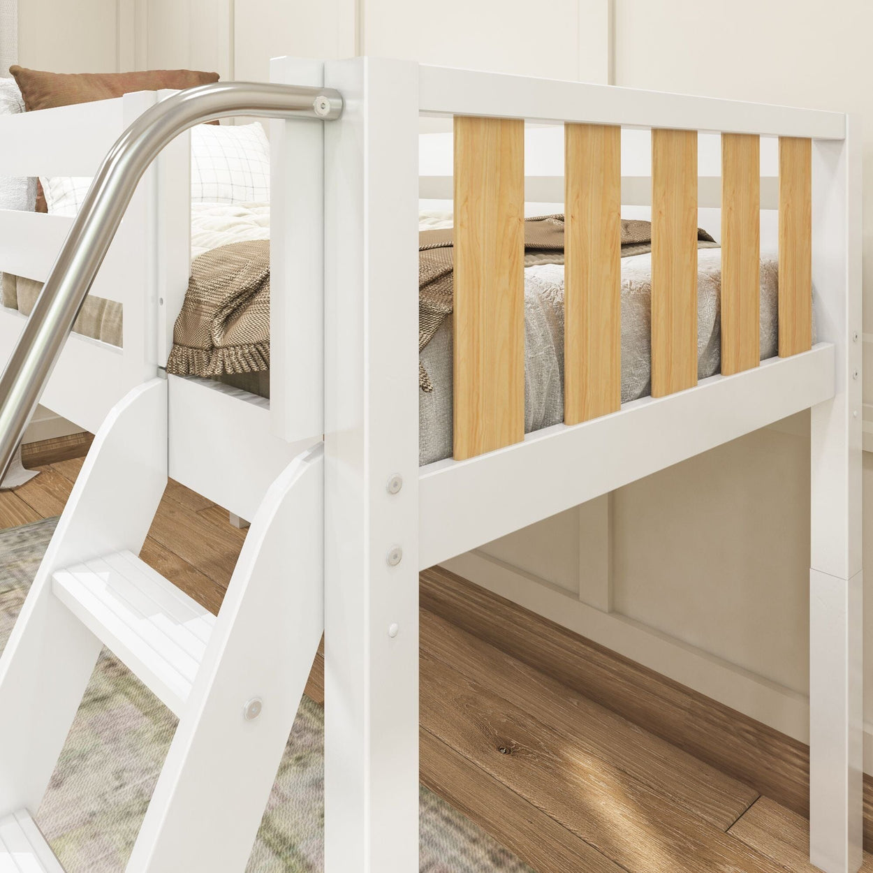 White wooden bunk bed with wooden accents and a ladder in a modern bedroom.