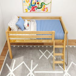 Wooden loft bed with ladder and blue bedding for kids, featuring colorful artwork and a decorative rug in a modern bedroom setting.