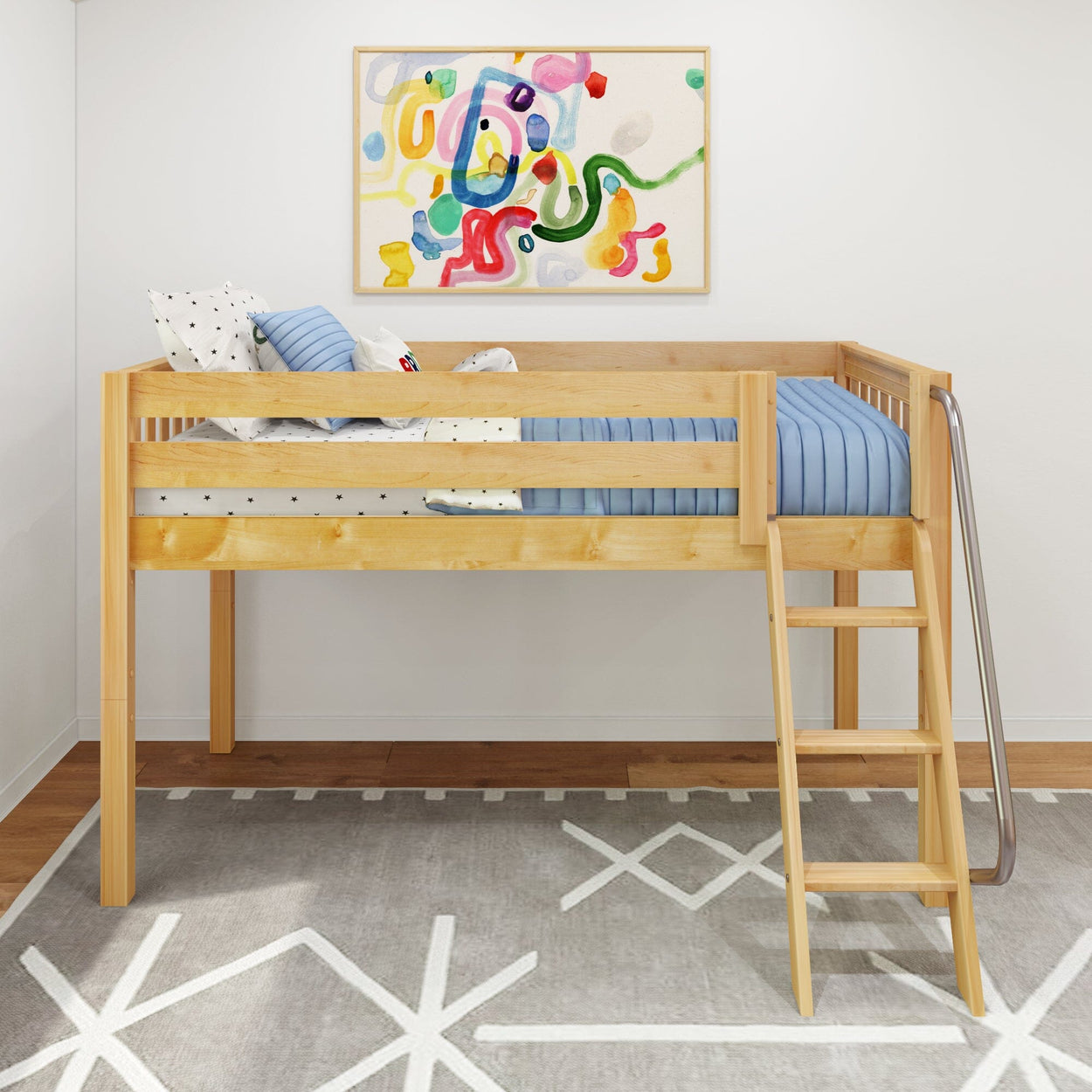 Wooden loft bed with ladder and blue bedding in a modern kids' room with abstract art on the wall.