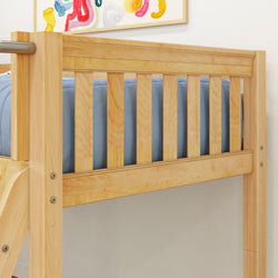 Wooden loft bed with blue mattress and colorful wall art.