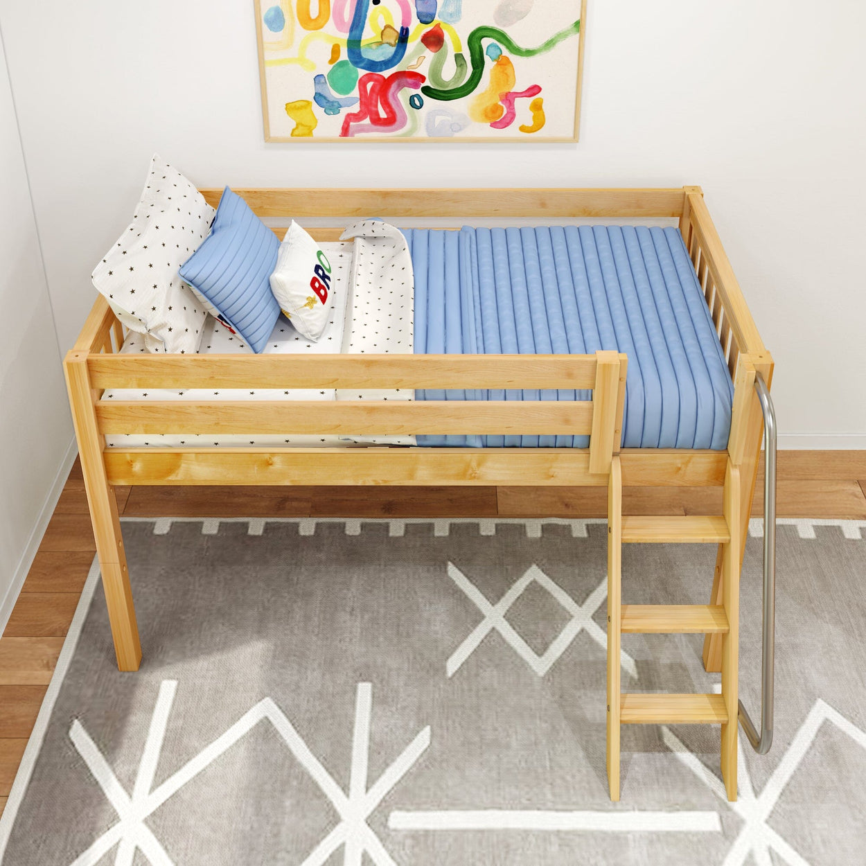 Wooden loft bed with blue bedding and decorative pillows in a modern children's bedroom.