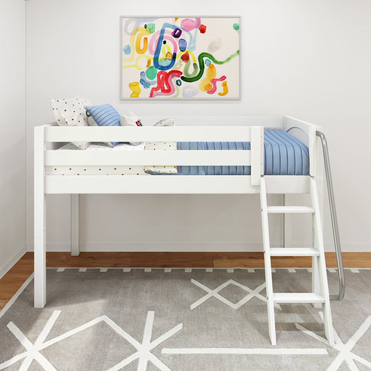 White loft bed with blue bedding and abstract art on the wall in a modern children's bedroom.