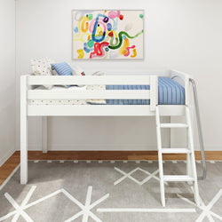 White loft bed with blue bedding and abstract art on the wall in a modern children's bedroom.