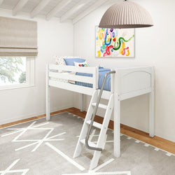 White loft bed with ladder in stylish children's room with modern decor.
