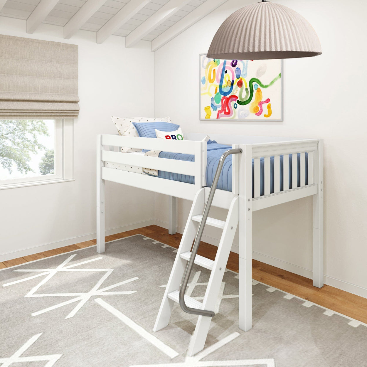 Loft bed with blue bedding in a modern children's bedroom featuring a colorful wall art and geometric rug.