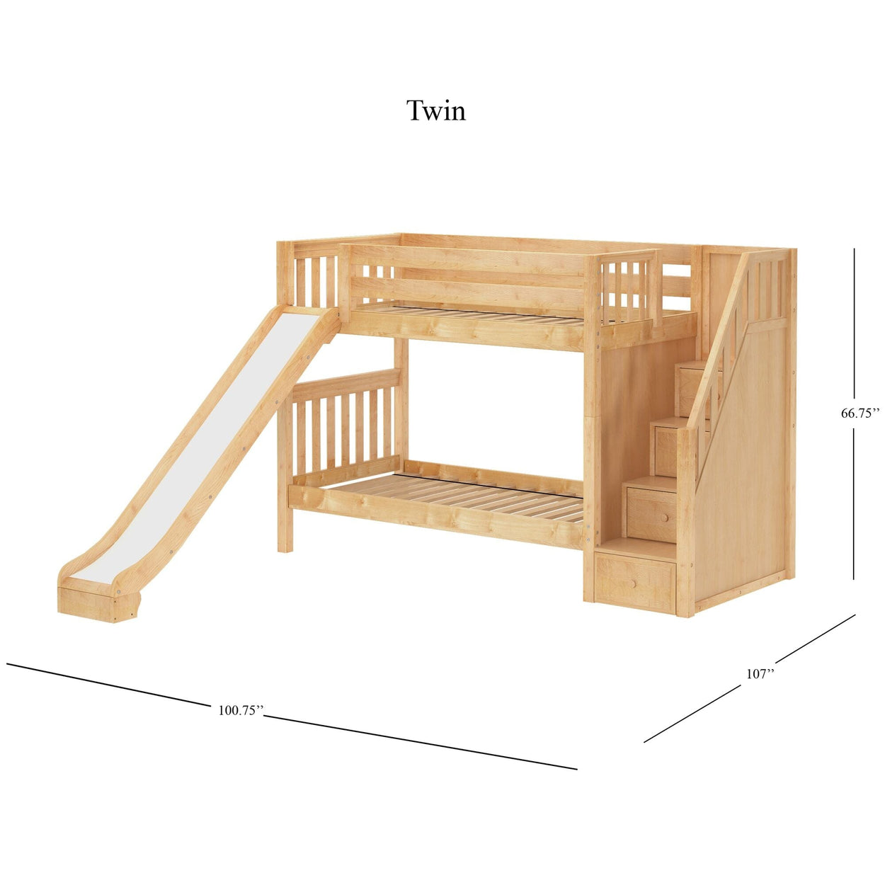 Twin wooden bunk bed with slide and stairs, ideal for children's bedroom furniture.