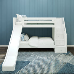 White loft bunk bed with slide and storage stairs against blue wall, featuring cozy bedding and modern rug.