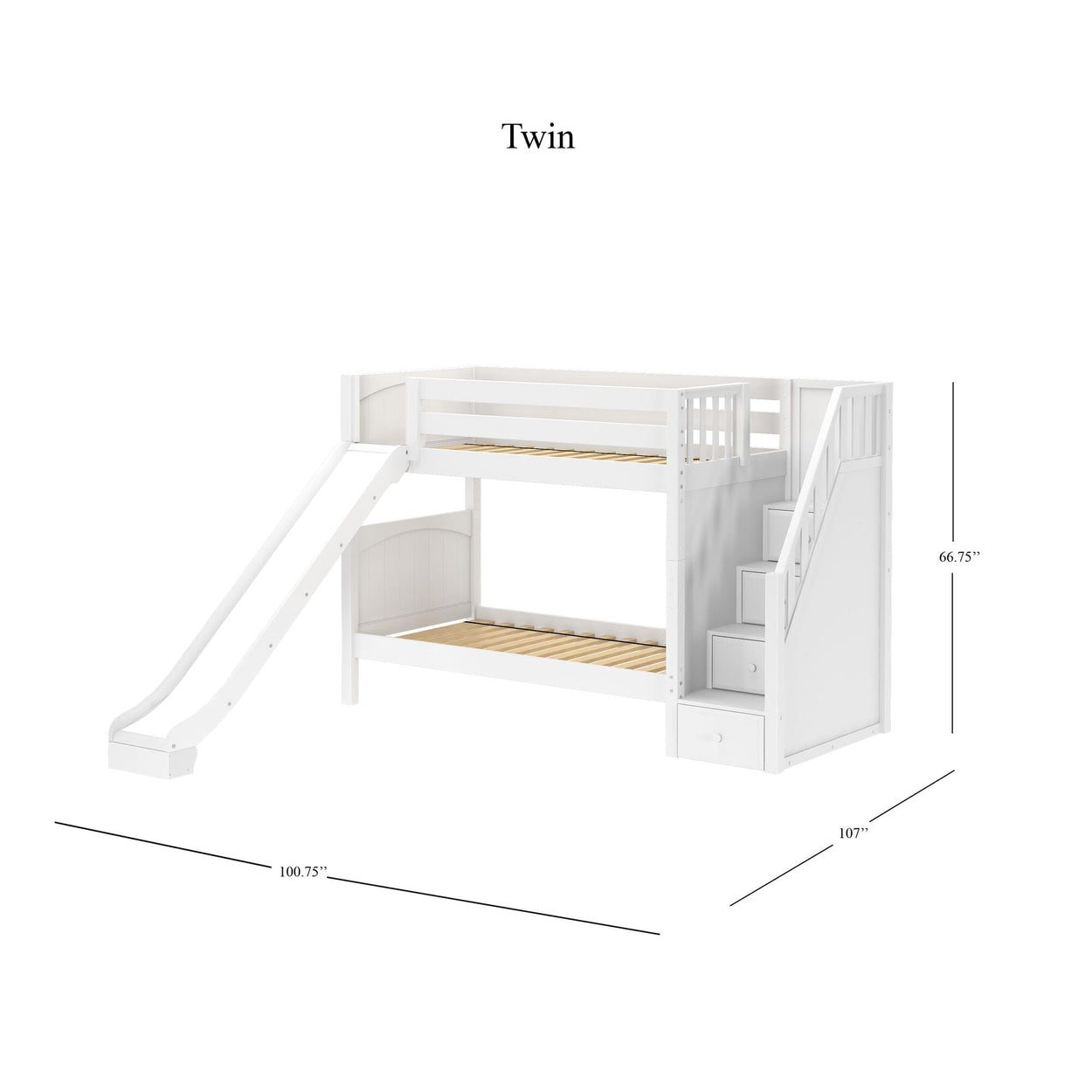 Twin Size White Bunk Bed with Slide and Storage Stairs - Kids Bedroom Furniture