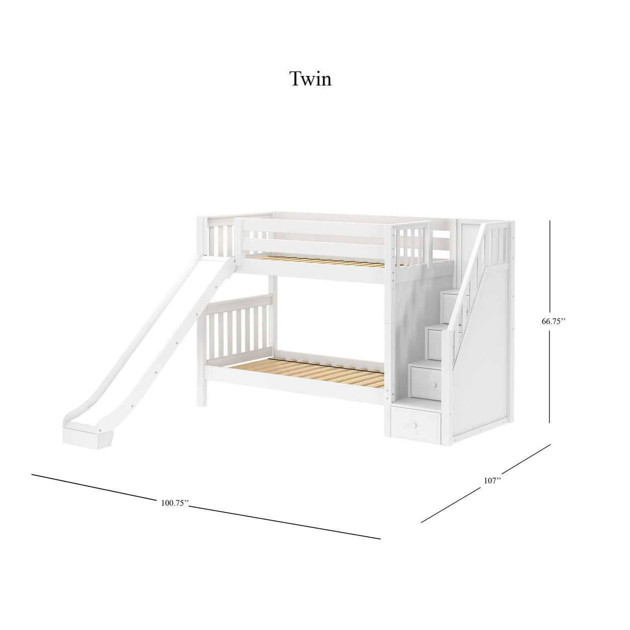 White twin bunk bed with slide and steps, dimensions: 100.75" x 107" x 66.75", ideal for children's bedroom furniture.