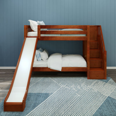 ECSTATIC XL CS : Play Bunk Beds Twin XL Medium Bunk Bed with Stairs + Slide, Slat, Slat, Chestnut