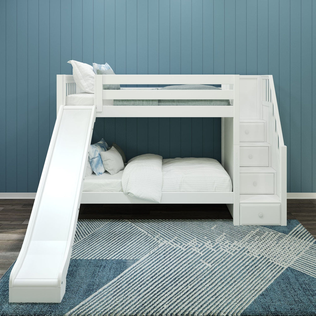 White bunk bed with slide and storage stairs in blue-themed kids' bedroom.